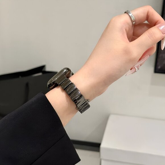 Apple Watch Band Stylish Adjustable Slim Strap Silver Stainless Band - Black - Picture 2 of 4